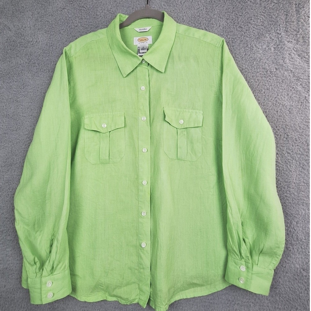Talbots Shirt Womens 1X Green 100% Irish Linen Button Down Long Sleeve‎ Top